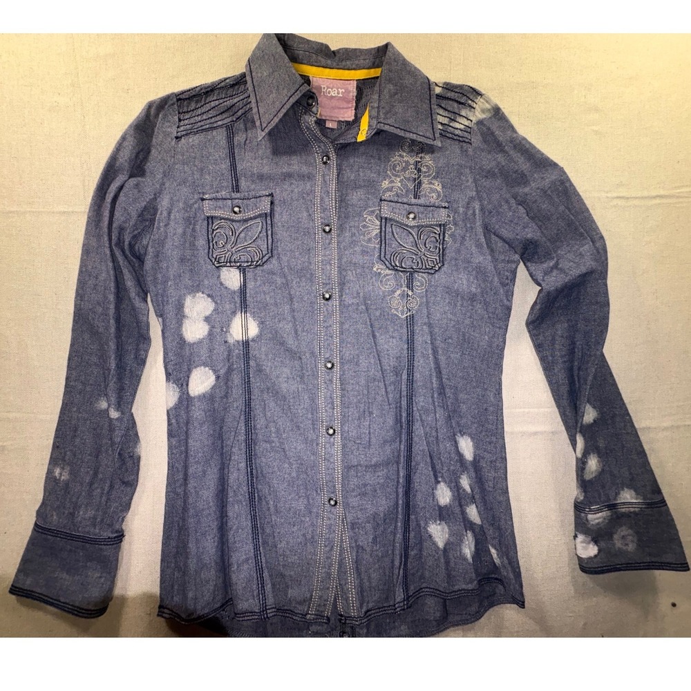 Roar Womens Blue Acid Wash Embroidered Western Snap Button Down Shirt Size L